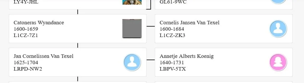 This is a screen capture of a section of the chart showing how I was calculated to be descended from Sachem Wyandach, which I determined to be untrue