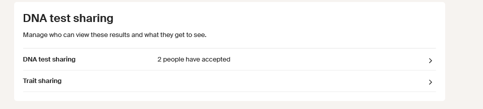 DNA test sharing page screen capture, with the options of DNA test and trait sharing shown