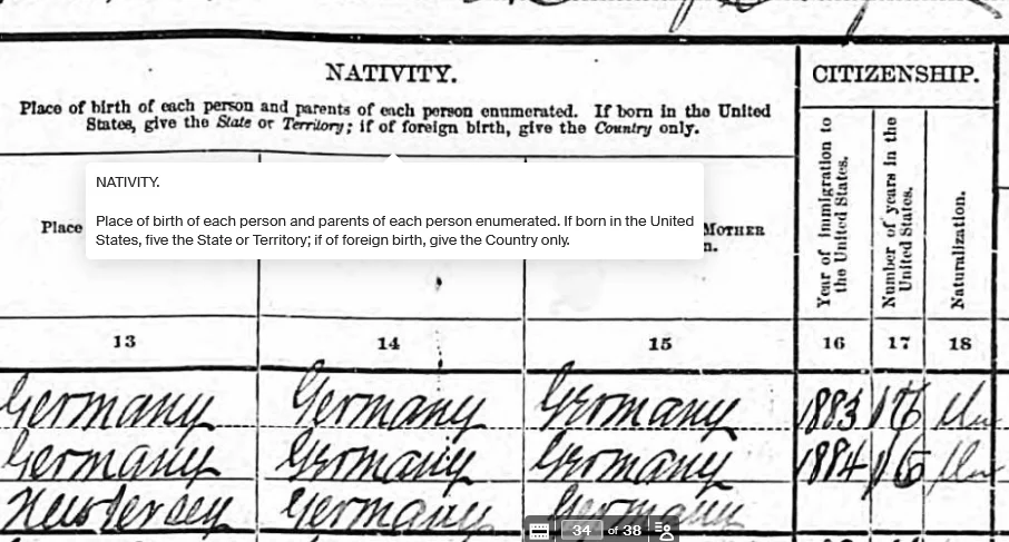 Citizenship questions from the 1900 US census.  These individuals immigrated to the US in 1883 and 1884 from Germany.