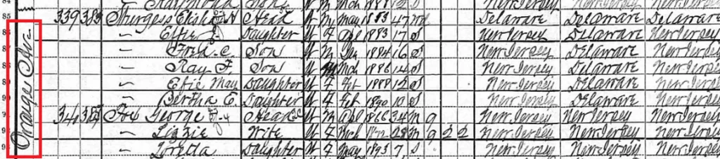 Screen capture of a partial census record from 1900 us federal census.  There are several entries for people born in Delaware and New Jersey, with all of them living on Orange Ave. in 1900