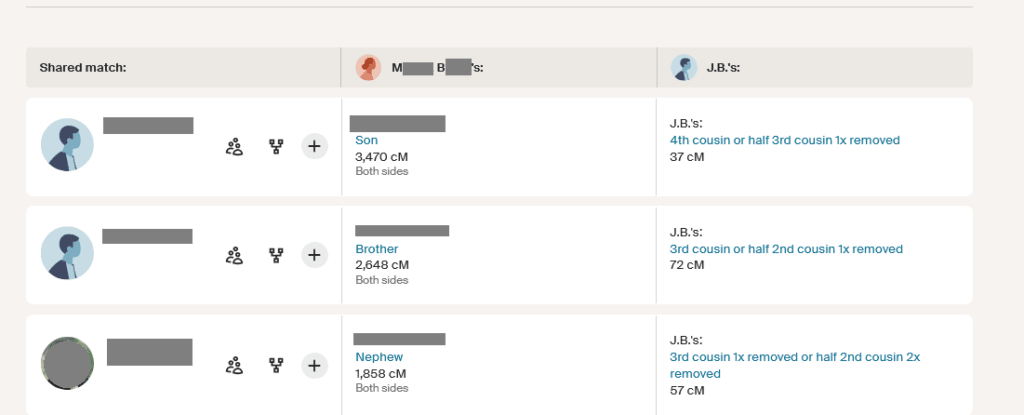 Three shared DNA matches that MB shares in common with JB, with the shared DNA information visible.  