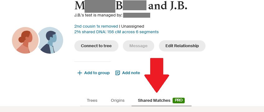 Ancestry DNA match page for M.B. and J.B., with a red arrow indicating where to click to see Shared Matches Pro