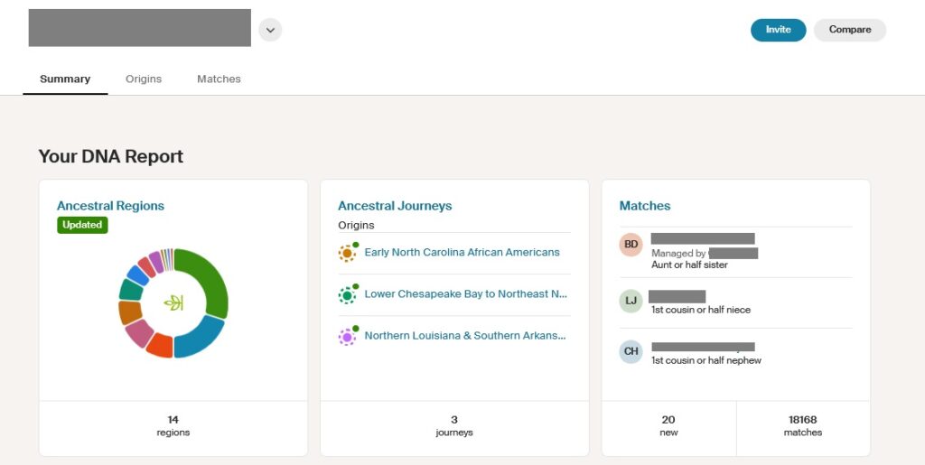 Snapshot of a DNA report for an Ancestry DNA customer.  It shows a multi-colored pie chart to the left, Ancestral journeys in the middle, and a short list of DNA matches on the right.