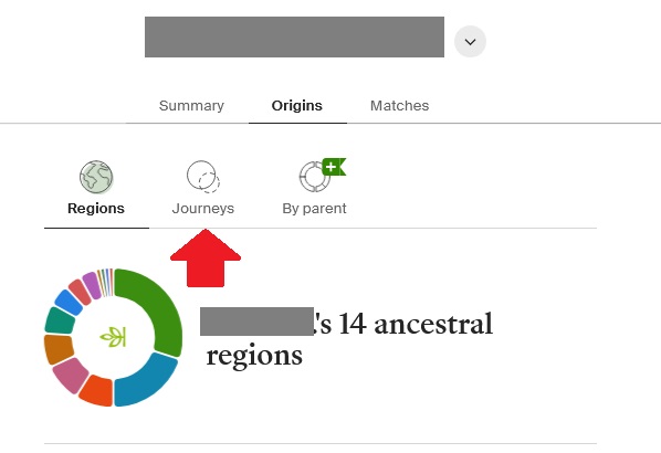 Screenshot of Ancestry ancestral regions report with the regions screen highlighted. The red arrow is pointing to Journeys, which is where you should click to find out which ancestral Journeys show up in your DNA results