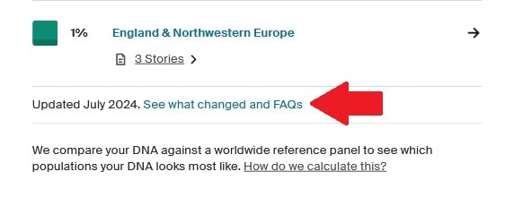 The red arrow is pointing to the blue text below the ancestral regions report, which is where you should click to see the comparison between your new and old results