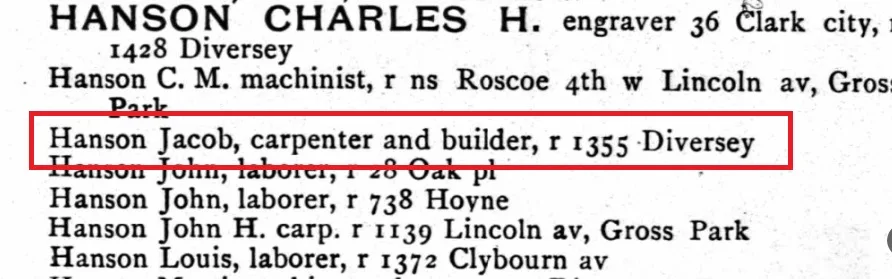 A list of people with the last name Hanson from the Chicago City Directory