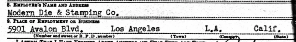 A screen capture of my great-great grandfather's draft card for World War 2, it shows he was employed in Los Angeles, California