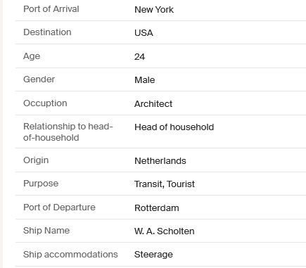 An index entry in a list of Dutch immigrants to the United States indicating that my ancestor was an architect when he came to live in the United States