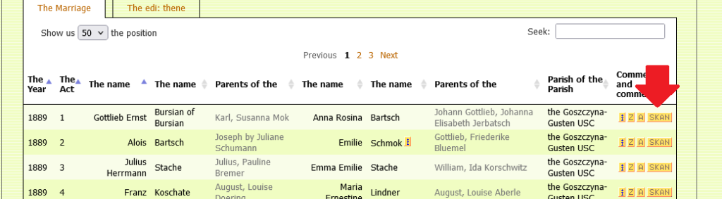 A screen capture from the Geneteka site showing several marriage records, with a red arrow pointing to the SKAN button on the right of the top record