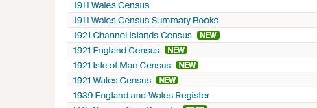 A list of some of the available UK census records on Ancestry, with the image showing the 1921 census options