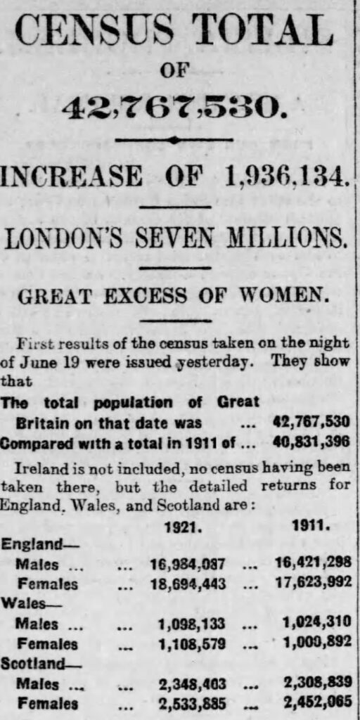 This newspaper clipping shows the differences in population between 1911 and 1921, broken into categories of men and women in each England, Wales, and Scotland