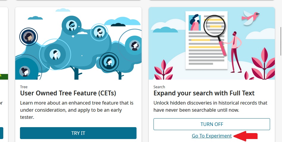 A screen capture of the carousel of experimental tools on Family Search with a red arrow pointing to the full text search tool