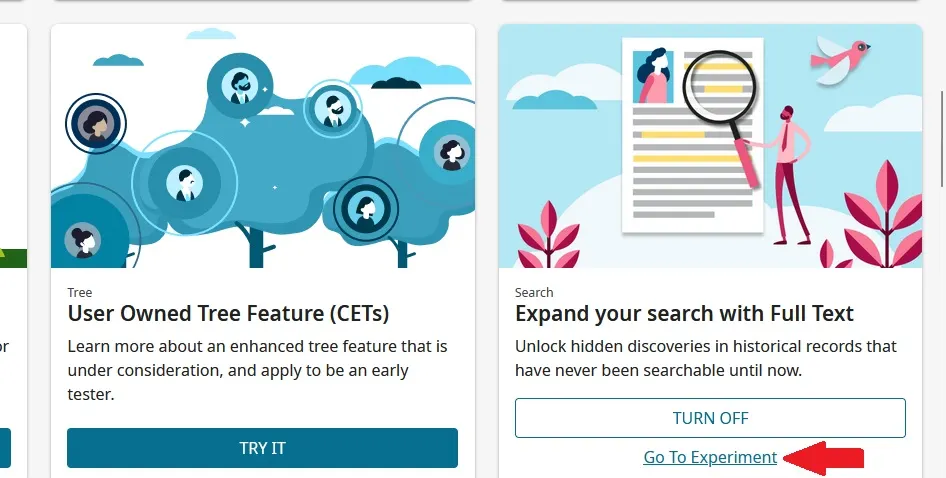 A screen capture of the carousel of experimental tools on Family Search with a red arrow pointing to the full text search tool