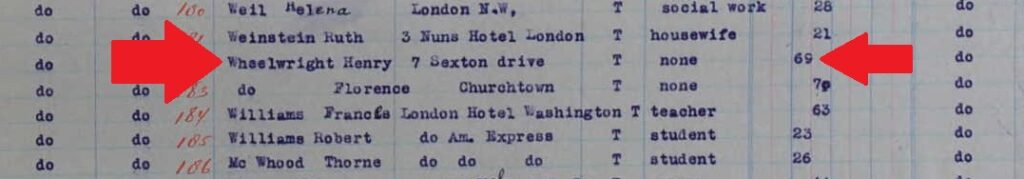 The red arrow points to Wheelwright, Henry, who was planning to visit 7 Sexton Drive