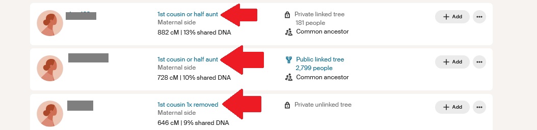 A screen capture from my Ancestry DNA match list with three close matches sharing between 600-900 cMs with me