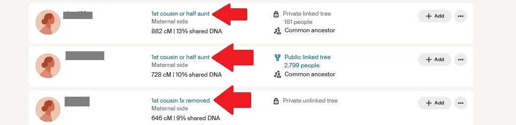 A screen capture from my Ancestry DNA match list with three close matches sharing between 600-900 cMs with me
