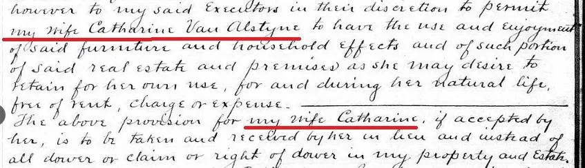 An excerpt from Cornelius Van Alstyne's will mentioning his wife, Catherine