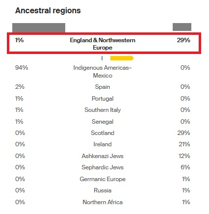 This is a comparison between my husband's ancestry results and those of his DNA match.  The only region that they share in common is England and Northwestern Europe