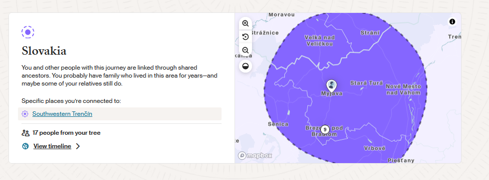 A map of a region of Slovakia in purple, indicated that I belong to a group of people who are descended from ancestors who all lived in the same area 