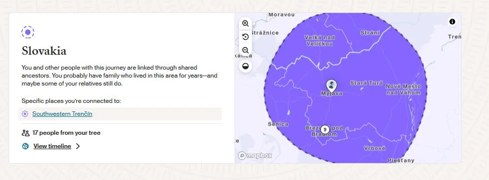 A map of a region of Slovakia in purple, indicated that I belong to a group of people who are descended from ancestors who all lived in the same area