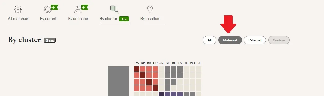 The red arrow points to the maternal button to filter my clusters to show only those clusters on my mom's side of the family