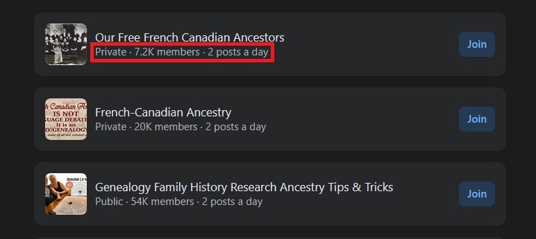 The image shows three Facebook groups that match French genealogy.  I put a red rectangle around the details that show whether the group is private, how many members there are, and how many posts a day the group sees