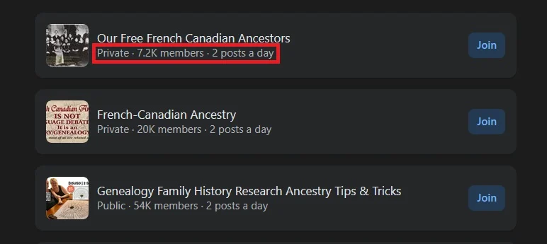 The image shows three Facebook groups that match French genealogy. I put a red rectangle around the details that show whether the group is private, how many members there are, and how many posts a day the group sees