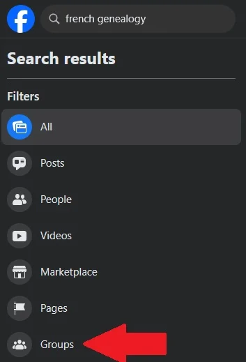 I typed "French genealogy" into the search field, and then I clicked on "Groups" in order to filter search results to only show the groups that match my search criteria