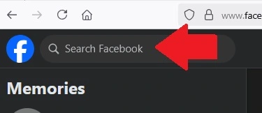 Red arrow points to search field on Facebook