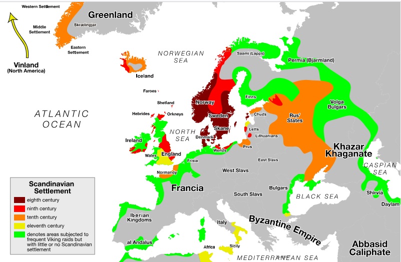 A map of places in Europe, Asia and Africa where Vikings settled, had contact, or likely had contact