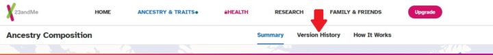 A screen capture of 23andMe results, showing a red arrow pointing to the version history tab