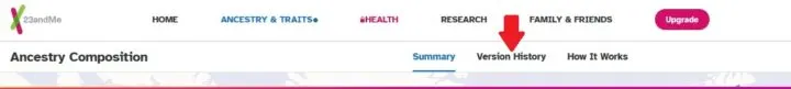 A screen capture of 23andMe results, showing a red arrow pointing to the version history tab