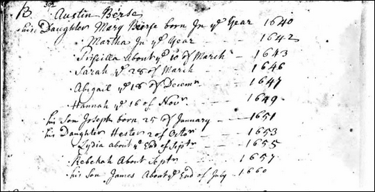 Names of Augustine Bearse's Children and their years of birth