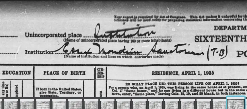 My great-grandfather on the 1940 census living at the Essex Mountain Sanatarium 
