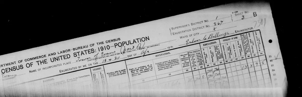 An image from the 1910 census showing it crooked on the screen, with most of the sheet not visible in the image