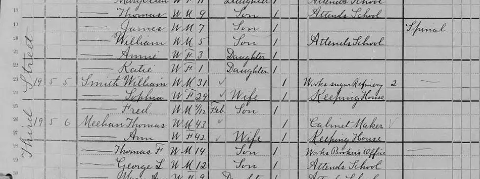 Third street written on the left side of the census page, along with a list of people who were questioned for this portion of the 1880 census