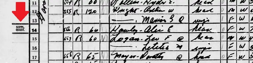 a list of families in the census, with a red arrow pointed to Alice Hawley's entry