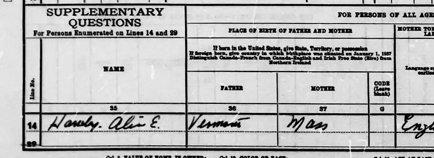 Alice Hawley's extra informationon the census form