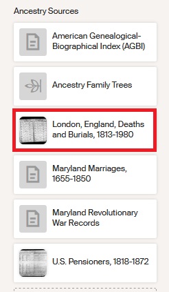 A list of sources attached to someone's ancestor on Ancestry, with the incorrect London record highlighted in red