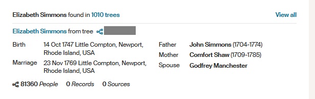 Family tree search result on Ancestry for Elizabeth Simmons, both in 1747 in Little Compton, Rhode Island
